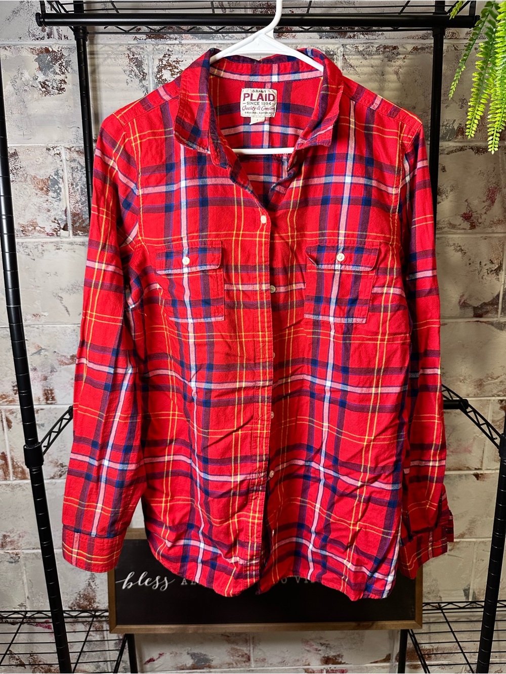 Old Navy Red Plaid Button-Down Shirt with Navy Accents